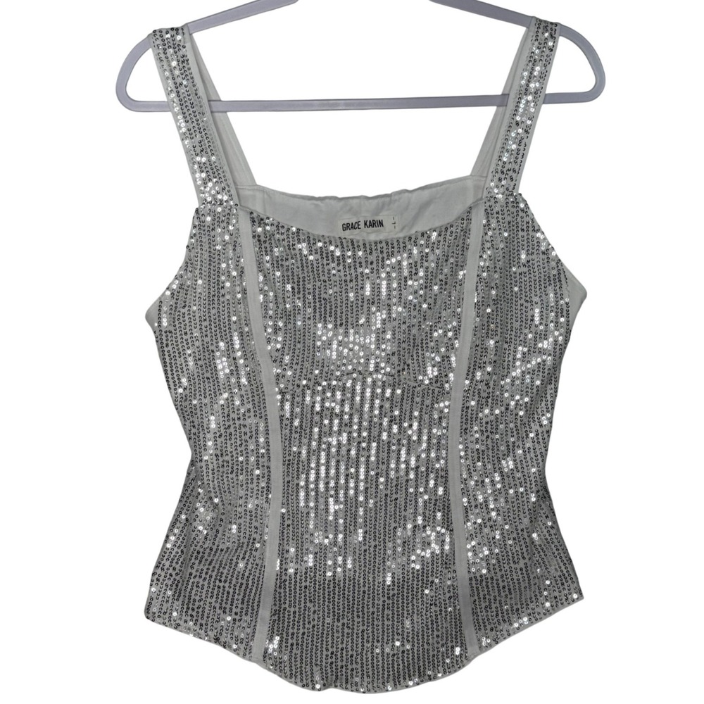 Grace Karin‎ Womens Silver Sequin Corset Top Square Neck Sparkly Party Evening L